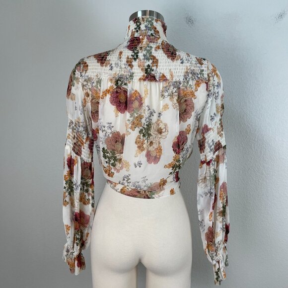 NICHOLAS Womens 2 Sheer Ivory Floral Print Smocked Top Long Sleeve Blouse Shirt - Picture 11 of 16